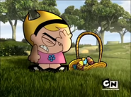 Billy and Mandy are Easter egg hunting. Billy then spots Mr. Herriman whom he thinks is the Easter Bunny and tackles him making Mandy feel disturbed.