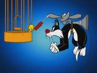 Sylvester airlifts himself up to Tweety's cage by attaching a fan to his back. Tweety, however, stops the fan with a screwdriver and sends Sylvester spinning out of control.