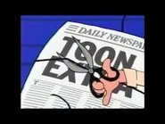A truck accidentally drops a newspaper sack without noticing. A man starts to cut the ropes, and then reads the newspaper as it forms to the Cartoon Network logo.