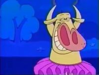 Cow is dancing during a ballet show. She spins herself until she knocks over the stage, causing it to fall down. When the screen appears, Chicken tries to handle the Cartoon Network logo until she can't resist anymore and lets it fall into the screen. This bumper is based on a gag from the episode "Ballerina Cow". This was the show's only "We'll be back" bumper used after 2002.