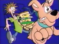 Shaggy is ready to eat his sandwich when Scooby comes while the monster comes to the house and prevents by Shaggy causing the sandwich to fall.