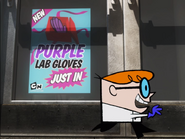 Dexter sees that there is a sale on purple lab gloves, and immediately rushes in to get some.