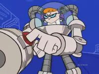 Dexter, in his battle mech, shoots a fireball to destroy a giant squid that's eating his equipment. This was the show's only "We'll Be Back" bumper used after 2002.