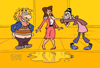 Lloyd and Harry tries to help a woman cross by setting her jacket into a puddle. She then shoves both of them into it, making them stuck. The last letter of the show’s title falls into the puddle.