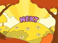 A cloud of lightning strikes the word "Next" and burns it to a crisp in a 60's hippie style setting.