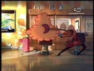 Him gives someone a haircut. When he finishes, the chair turns around to reveal his customer is Ms. Bellum (with her face covered by a mirror).