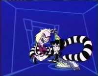 Beetlejuice gets out from Lydia's birthday cake and throws some snakes. When the screen appears, Beetlejuice uses a snake as a noisemaker.