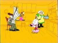 In the kitchen we see Eustace reading the newspaper, Muriel cooking food and Courage lying on the floor. A gelatine monster (from the episode "Katz Kandy") comes out from the jar. Courage quickly seals the jar back up, while also knocking Eustace over. When the screen appears, Courage is seen shaking with the jar in his hand. The Cartoon Network logo is seen on the jar. The camera zooms in on the logo.