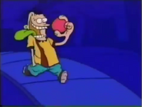 Eddy is enjoying his jawbreaker while walking on the sidewalk. He then trips, and the jawbreaker falls from his mouth and rolls along the sidewalk. When the screen appears, Eddy is shown with the jawbreaker in his mouth. He pulls out the Cartoon Network logo from his mouth, which is covered in saliva, and places it on the screen.