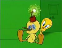 Tweety leaves out a decoy of himself which explodes right after Sylvester eats it.