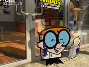 Dexter exits the electronics store with a new invention.