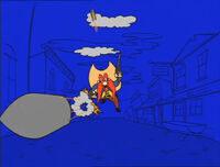 Yosemite Sam shoots at Bugs, who dodges the bullets by dancing. Some offscreen bystanders throw flowers to Bugs when he finishes, and he takes a bow.