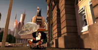 The Mayor comes out of the candy store, having purchased a pickle-flavored lollipop. He then throws a plastic bag (with the Cartoon Network logo on it) away, but it misses the trash and flies away. The plastic bag is shown flying in the city. First, it passes the Sector V operatives, who are trying to prank Grim, then it passes Dee Dee at the dance studio, the Eds, who are taking a picture of Captain Dodgers' ship in the sky from the top of Townsville Hall, Shaggy and Scooby, who are afraid of the bag, before it finally comes to a stop on Megas' flag pole car antenna with Coop and Jamie with Courage.