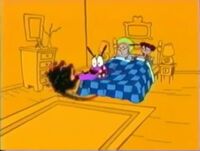 Courage, Muriel and Eustace are sleeping. A big hand gets out from the bed and tries to get Courage but the hand grabs the blanket instead and pulls it off the bed. This was the show's only "We're Back" bumper used after 2002.