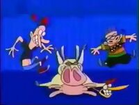 Chicken, Flem, and Earl are walking. Suddenly, Cow falls down and hits Chicken. This was the show's only "We're back" bumper used after 2002.