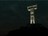 A timelapse is shown outside the Titans' tower where the sun sets and the lights in the tower are turned on.