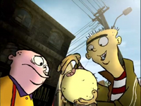 Ed tries to pick up his jawbreaker in a drain, so Eddy is holding him. When Ed finally gets it back, he removes the garbage on it and eats it, for dislike of Double D and Eddy. The recycled animation of this bumper is also seen on The Cartoon Cartoon Show intro.