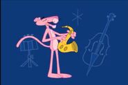 Pink Panther plays the saxophone.