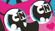 Unikitty looking at the Cartoon Network logo.