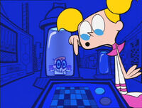 Dexter has successfully tested the teleportation machine, but suddenly, Dee Dee came and pressed a button, making his glasses and his eyes appears at his back. When the Cartoon Network logo came, all the N's are reversed.