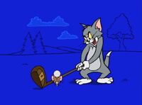 Tom goes golfing using Jerry as his tee, but when he swings, Jerry is now on the tip of his club and tosses the ball onto his head. This bumper is based on a gag from the short Tee for Two.