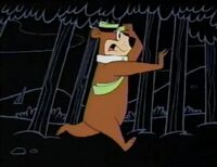 Yogi dashes away from some hunters firing at him, seemingly dodging them all, but when he then has a drink of water, it would seem he did take several bullets.