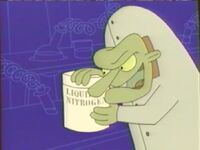 The Angry Scientist opens a can of liquid nitrogen, freezing the Cartoon Network logo. This was the show's only "We're Back" bumper used after 2002.