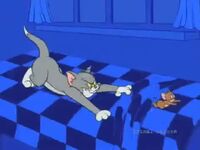 Tom chases Jerry through a kitchen, knocking over some dishes and pulling off a tablecloth in the process. This was the show's only "We'll Be Back" bumper used after 2002.