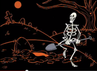 A skeleton gets out from the grave and dances until it breaks in bones. The "Back to the Show" disclaimer does not appear at all. This is used for October 1998 and 1999.