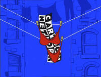 The Cartoon Network logo falls in several clothes until it gets thrown back by a pink robe. The "We'll Be Right Back" bumpers were unified into this bumper in 2003, and the "Powerhouse" music is replaced by the production music from Ed, Edd n Eddy (taken from the episode "One Size Fits Ed"). In Asia, "Comedy Shop" by Randy Miller from Megatrax music library was used instead.
