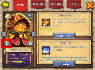 Press the icon to see the heroes attributes and access artifacts (ALL heroes have attributes and can be accessed from this regardless of if they are evolved or not).