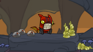 Fire Demon Clerk with volcano snow globes and Cyclops statues at his desk.