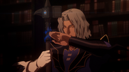 Hector forging night creatures with his hammer in the Castlevania animated series.
