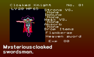 Cloaked Knight enemy list entry from The Dracula X Chronicles version of Symphony of the Night.