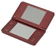 A burgundy DSi XL.