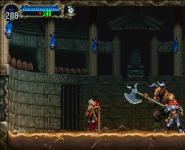 The Werewolf throws an energy wave from his hands and the Minotaur hits it in midair with his battle axe, sending it back.