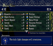 Rosario as a consumable item with its own description obtained by using cheats from Lament of Innocence.