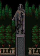 A cloak-wearing statue that could be intended to represent Sypha Belnades in Super Castlevania IV.