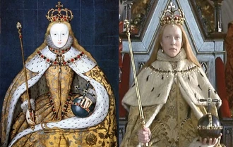 This portrait "The Coronation of Elizabeth" was used as the basis for the photography and costume of Cate Blanchett during the coronation scene in the film. This is a copy of a now lost original, this copy attrib. Nicholas Hilliard.