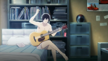 Vincent trying to learn guitar before breaking its string in Rin Bad Ending.