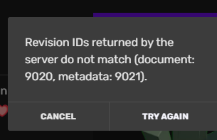 Revision IDs returned by the server do not match (document: 9020 