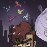 Theo's selfie with the birds, who were trying to tell him something, a.k.a the birds in the Crystal Heart room