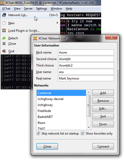 The XChat menu and the Network List in XChat-WDK.