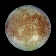 An approximate true-color image of Europa taken in 1996 by the Galileo spacecraft