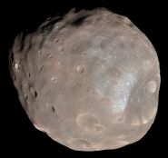 An enhanced-color image of Phobos, Mars' larger moon, taken in 2008 by the Mars Reconnaissance Orbiter