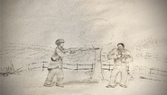 Scenery Art of a Corvun pointing his rifle at a Cetan farmer, drawn by plutonium239isfunny.