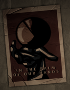 This poster depicts a blue, Aquilan hand, presenting the Antarean emblem as though it were a ball, with the caption "IN THE PALM OF OUR HANDS" Drawn by antiipathy.