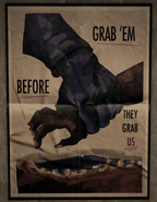 This poster depicts an blue Aquilan hand grabbing an red Antarean hand over a blue plot of land. The text reads "GRAB 'EM BEFORE THEY GRAB US" Drawn by antiipathy.