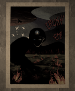 This poster depicts a large, foreboding Aquilan soldier crushing ants, which represent the Antareans. There is the Aquilan flag in the background, and text that says "CRUSH 'EM!" Drawn by renicuzwhynot.