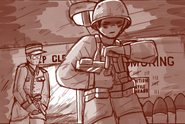 "Aquilan Officer looking at an Antarean Solider preparing to detonate the Ammunition Reserves" by rawshed.